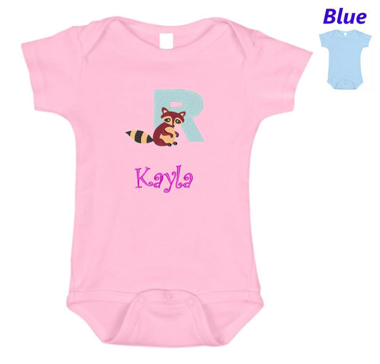 Personalized Baby Onesie Pink Blue Embroidered Letter R Raccoon Newborn One Piece Body Suit Baby Shower Gift Monogrammed Your Baby's Name