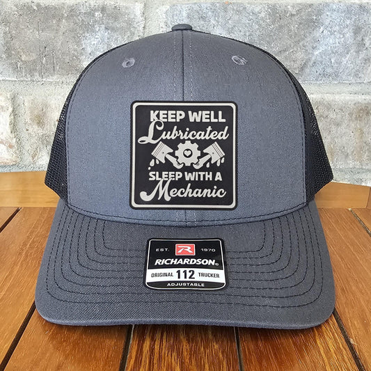 Funny Mechanics Leather Patch Trucker Hat, Richardson 112, Mens Shop Cap, Work Hat, Garage Hat, Dad Gift, Pistons, Laser Engraved