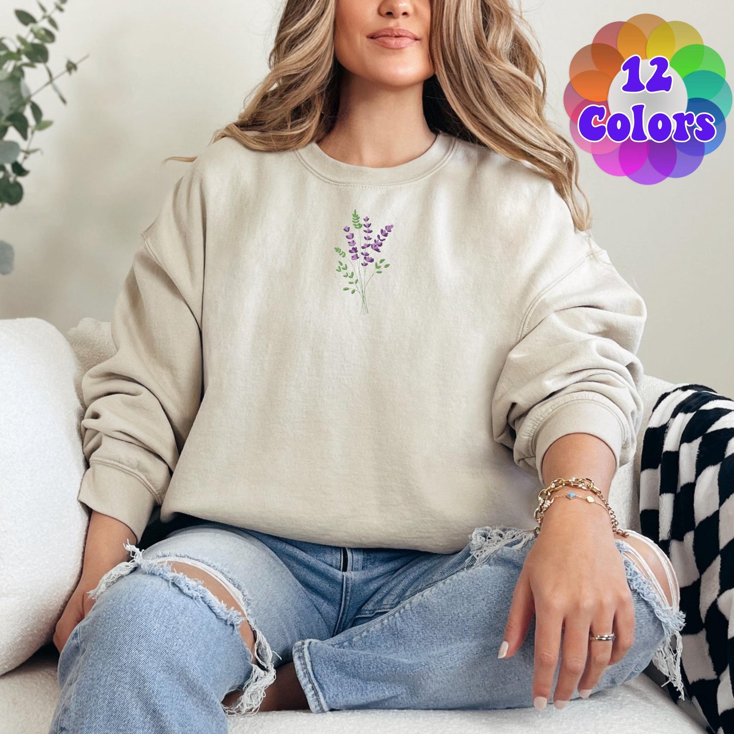 Embroidered Flower Sweatshirt, Sweatshirt with Name Lavender Design, Warm Custom Logo Sweatshirt, Mom Gift, Gift Womens Unisex