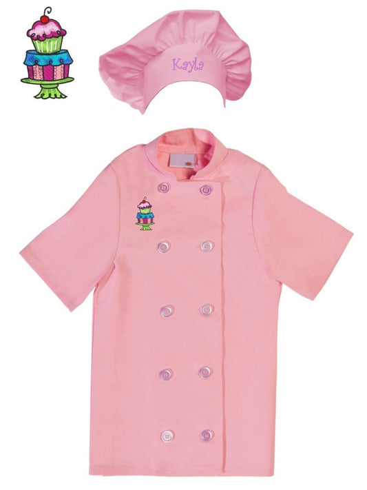 Personalized Kids Pink Chef Coat Jacket with Chef Hat and Cupcake Dessert Design Short Sleeve