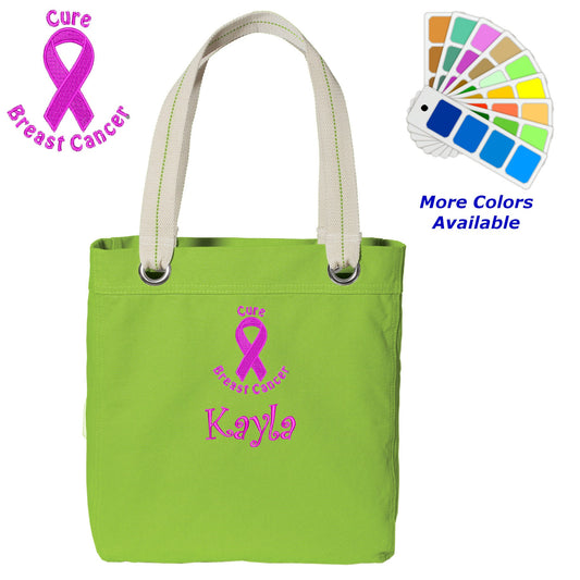 Personalized Canvas Tote Bag Breast Cancer Ribbon Design Contrast Lined with Metal Grommets Embroidered with Name or Text of Your Choice