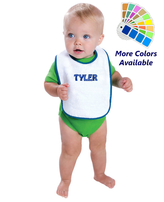 Personalized Baby Bib White Cotton Terry with Contrast Trim for Boy or Girl Embroidered Name