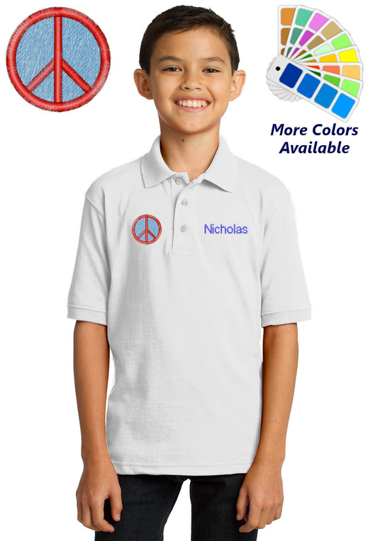 Personalized Kids Polo Shirt Embroidered Peace Sign Monogrammed with a Name or Text of Your Choice