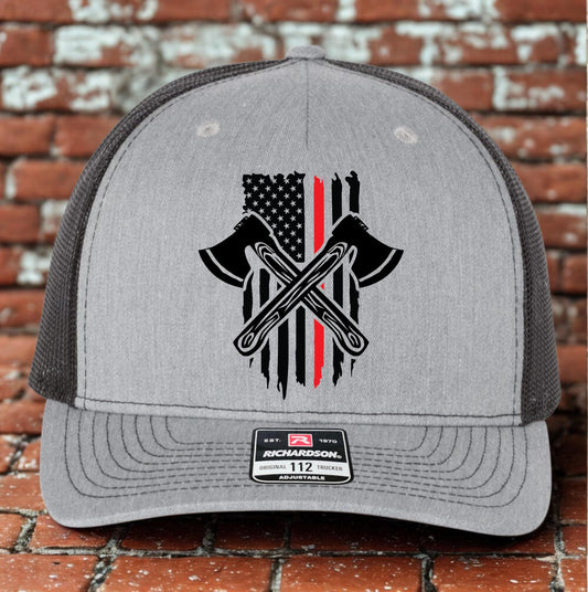 Firefighter Trucker Hat, Cool Crossed Axe Red Line Hat Design, Richardson 112, Fireman Dad Gift Husband Gift, Station Gift, Printed Hat