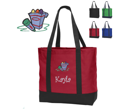 Personalized Art Class Tote Bag Embroidered Crayons, School Tote with Name of Your Choice, School Teacher Gift