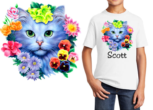 Personalized Kids T-Shirt Cat Kitten Flowers Design, T-Shirt, Colorful, Cotton, Low Price Inexpensive Tee Shirt, Kids Gift, Student Gift
