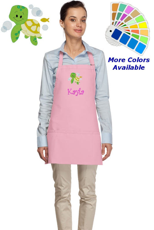 Personalized Apron Embroidered Turtle Design, Custom Apron, Monogrammed Apron Name, Dad Mom Teacher Kitchen Home House Gift