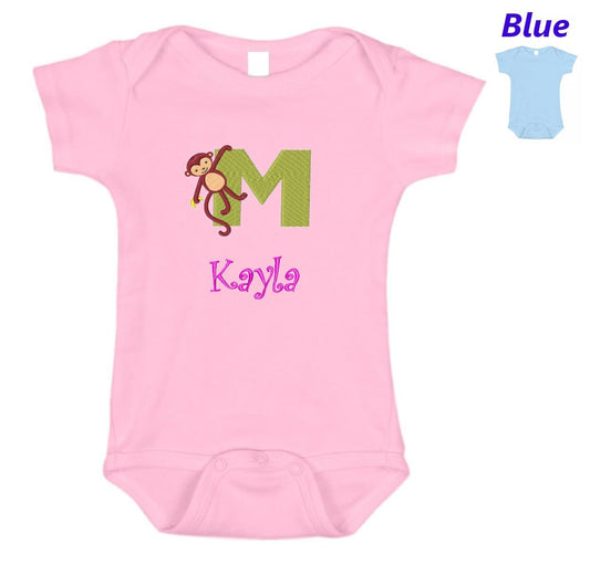 Personalized Baby Onesie Pink Blue Embroidered Letter M Monkey Newborn One Piece Body Suit Baby Shower Gift Monogrammed Your Baby's Name