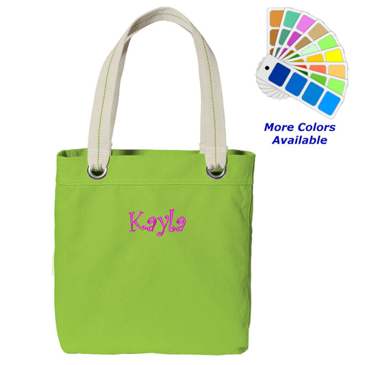Personalized Canvas Tote Bag Contrast Lined with Metal Grommets Embroidered with Name or Text of Your Choice