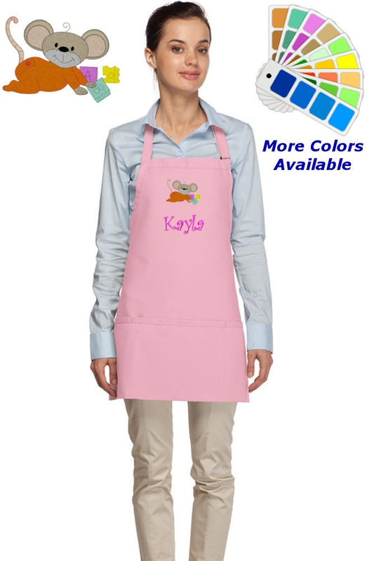 Personalized Apron Embroidered Mouse Design, Custom Apron, Monogrammed Apron Name, Dad Mom Teacher Kitchen Home House Gift
