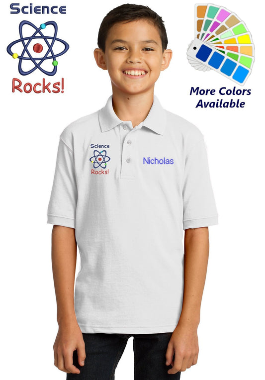 Personalized Kids Polo Shirt Embroidered Science Rocks Monogrammed with a Name or Text of Your Choice