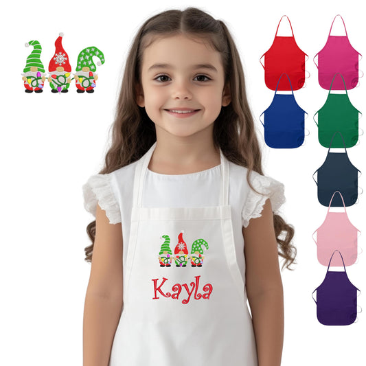 Personalized Kids Christmas Gnomes Apron, Embroidered Name, Monogrammed Chef Uniform, Chef Gift, Cooking Party, Art Party, School Smock
