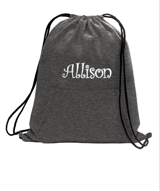 Personalized Dark Grey Cinch Pack, Fleece, Drawstring Gym School PE Backpack, Embroidered Monogrammed Custom Name, School Gift