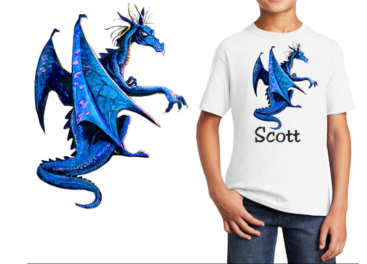 Personalized Kids T-Shirt Blue Dragon Fantasy Design, T-Shirt, Colorful, Cotton, Low Price Inexpensive Tee Shirt, Student Gift, School Gift