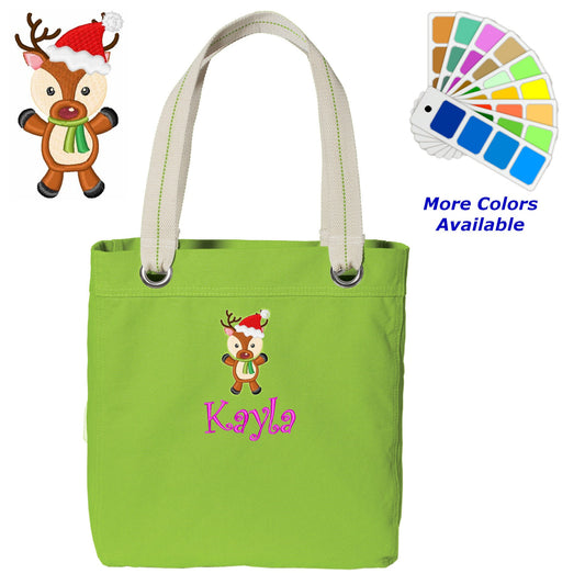 Personalized Canvas Tote Bag Christmas Reindeer Design Contrast Lined with Metal Grommets Embroidered with Name or Text of Your Choice