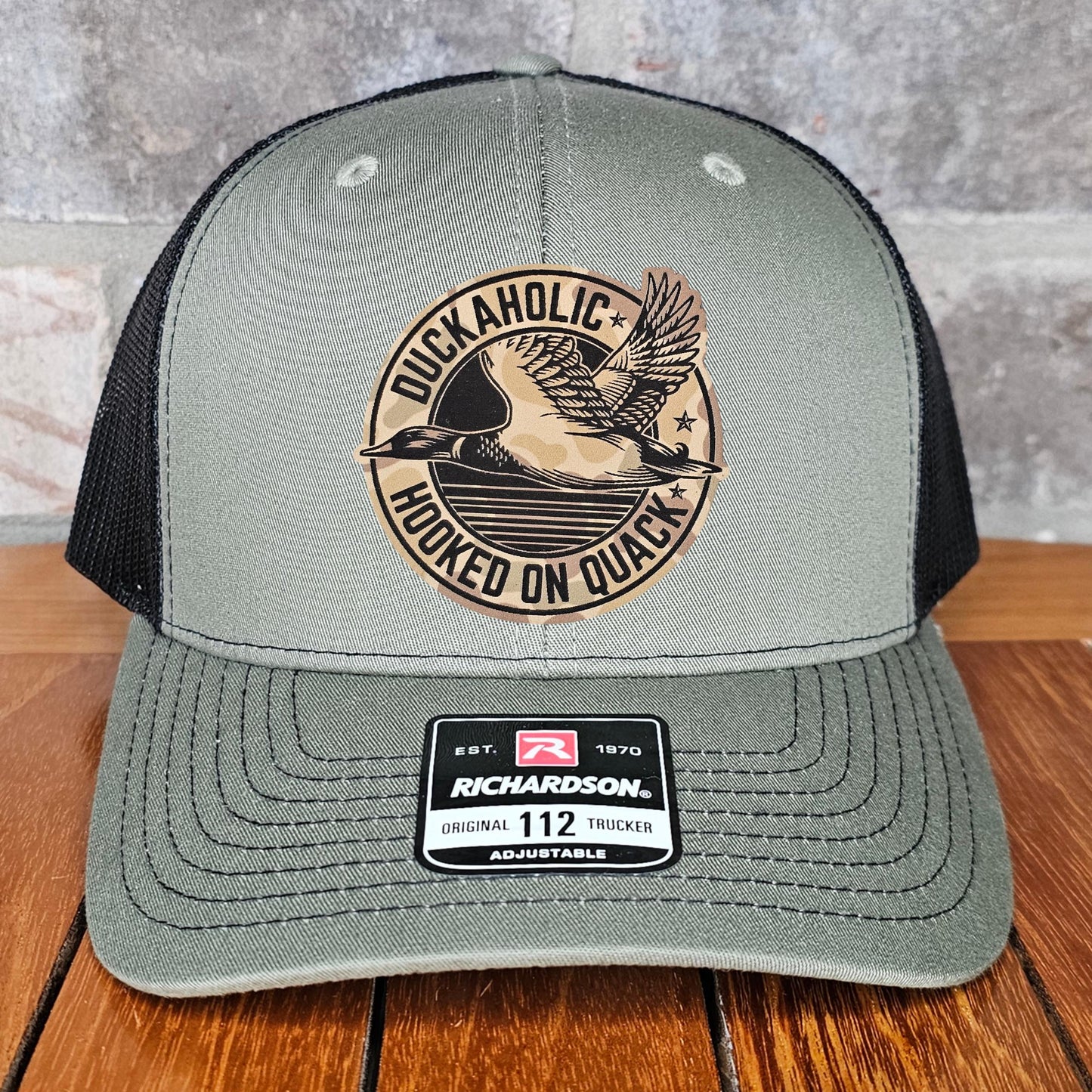 Duck Hunter Leather Patch Trucker Hat, Duckaholic Hooked on Quack Camo, Richardson 112, Hunter Hat, Funny Dad Gift, Gift,Laser Engraved