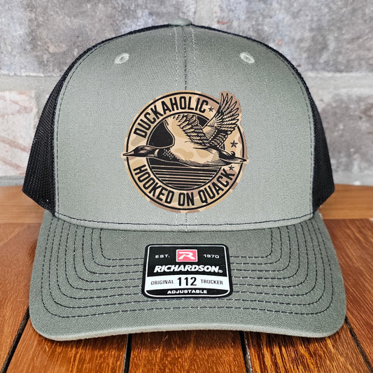 Duck Hunter Leather Patch Trucker Hat, Duckaholic Hooked on Quack Camo, Richardson 112, Hunter Hat, Funny Dad Gift, Gift,Laser Engraved