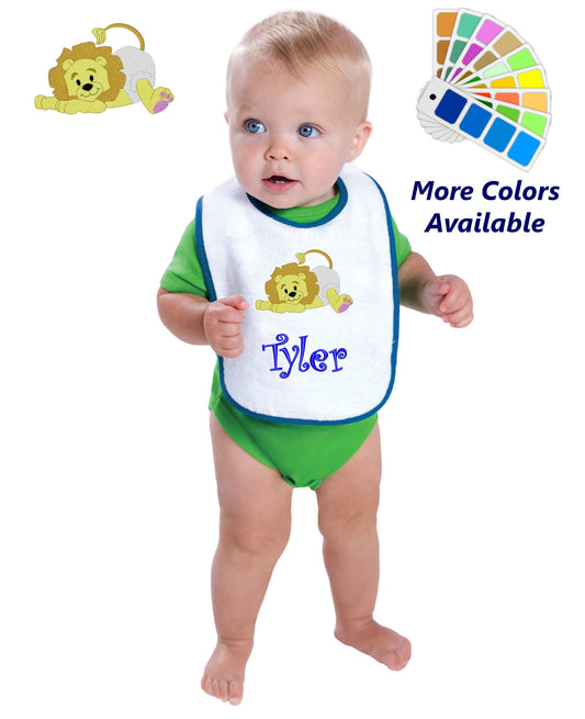 Personalized Baby Bib White Cotton Terry with Contrast Trim Baby Lion Design for Boy or Girl Embroidered Name