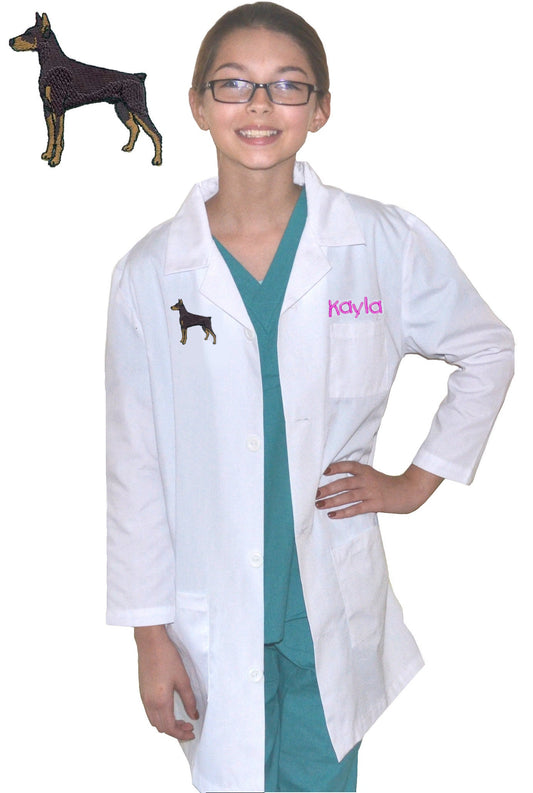 Personalized Kids Lab Coat with Doberman Dog Embroidery Design, Veterinarian Lab Coat, Birthday Gift, Childrens Lab Coat, Monogrammed Name