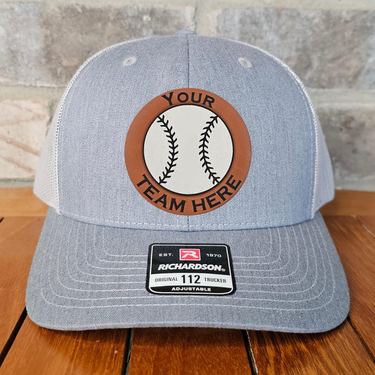Personalized Baseball Leather Patch Trucker Hat, Richardson 112, Baseball Team Cap, Sports Hat, Team Hat, Player Gift, Laser Engraved