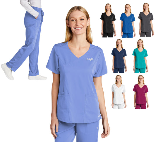 Personalized Womens Scrubs Set with Custom Embroidered Text or Name, Mock Wrap, Doctor, Nurse, Veterinarian, Hospital Shirt, Medical Apparel