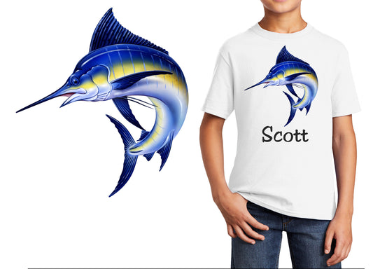 Personalized Kids T-Shirt Blue Marlin Fish Design, Fishing T-Shirt, Cotton, Low Price Inexpensive Tee Shirt, Student Gift, School Gift