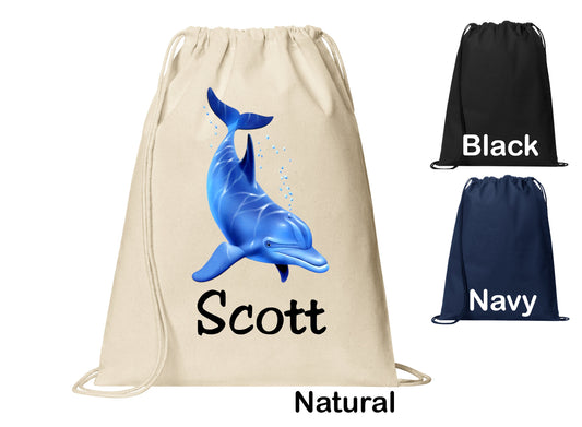 Personalized Dolphin Deep Dive Cinch Pack, Drawstring Gym School PE Pool Backpack, Printed Monogrammed Custom Name, Perfect Gift