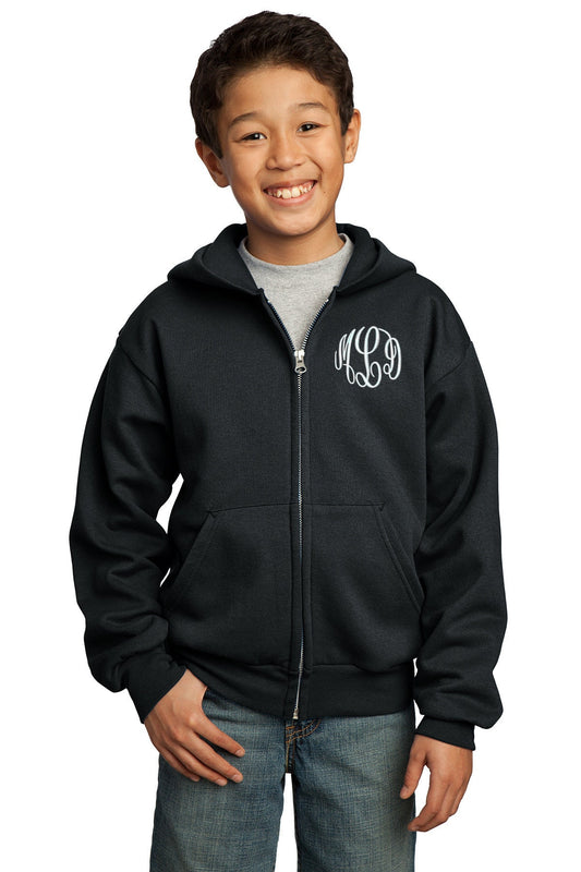 Monogrammed Black Kids Hoodie Sweatshirt Zipper Embroidered with Initials of Your Choice