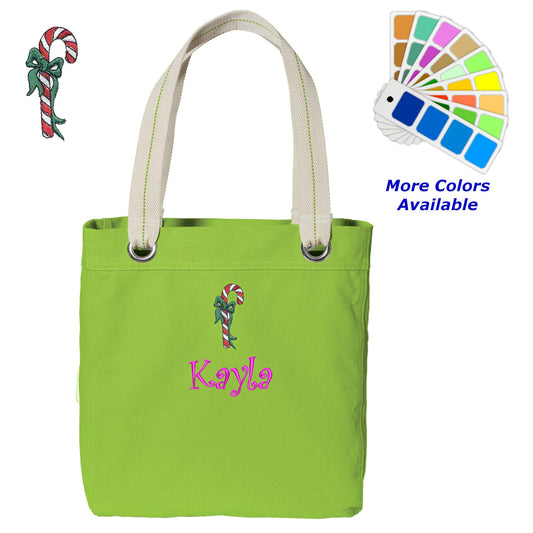 Personalized Canvas Tote Bag Candy Cane Design Contrast Lined with Metal Grommets Embroidered with Name or Text of Your Choice