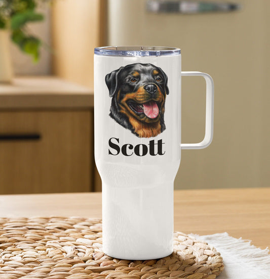 Custom Rottweiler Dog Travel Mug Tumbler with Handle, Stainless Steel BPA-free Cup, 25 Ounce Mug, Dad Mom Dog Lover Gift