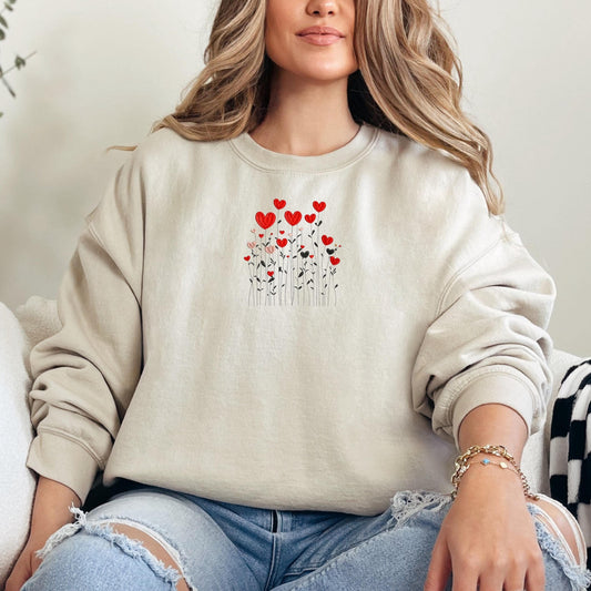 Embroidered Valentines Sweatshirt, Sweatshirt with Heart Garden Design, Warm Custom Logo Sweatshirt, Mom Gift, Gift Womens