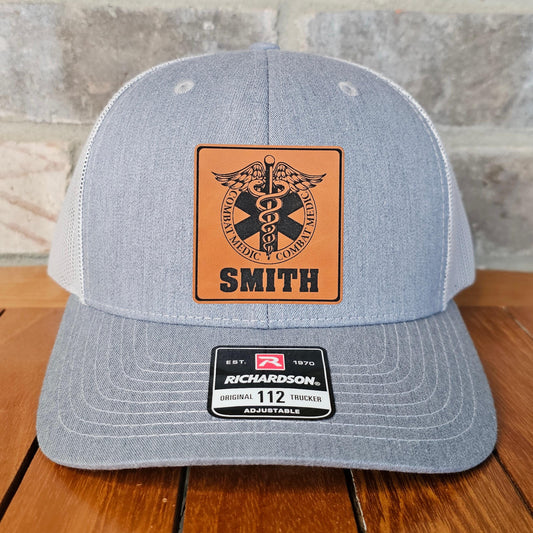 Combat Medic Leather Patch Trucker Hat, Richardson 112, US Veterans Hat, Military Gift, Dad Gift, Army, Navy, Air Force, Marines, Engraved