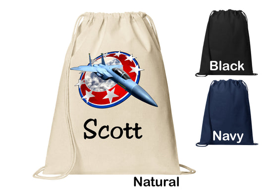 Personalized F15 Air Force Fighter Plane Cinch Pack, Drawstring Gym School Pool Backpack, Printed Monogrammed Custom Name, Perfect Gift