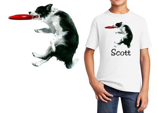 Personalized Kids T-Shirt Border Collie Catch Dog Design, T-Shirt, Colorful, Cotton, Low Price Inexpensive Tee Shirt, Student School Gift