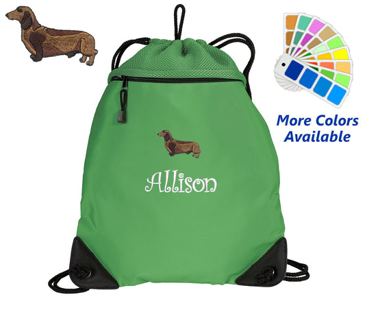 Personalized Cinch Pack, Drawstring Gym School PE, Pool Backpack, Embroidered Dachshund Dog, Monogrammed Custom Name, Perfect Student Gift
