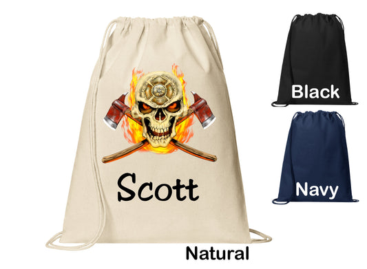 Personalized Firefighter Flaming Skull Cinch Pack, Drawstring Gym School Pool Backpack, Printed Monogrammed Custom Name, Perfect Gift
