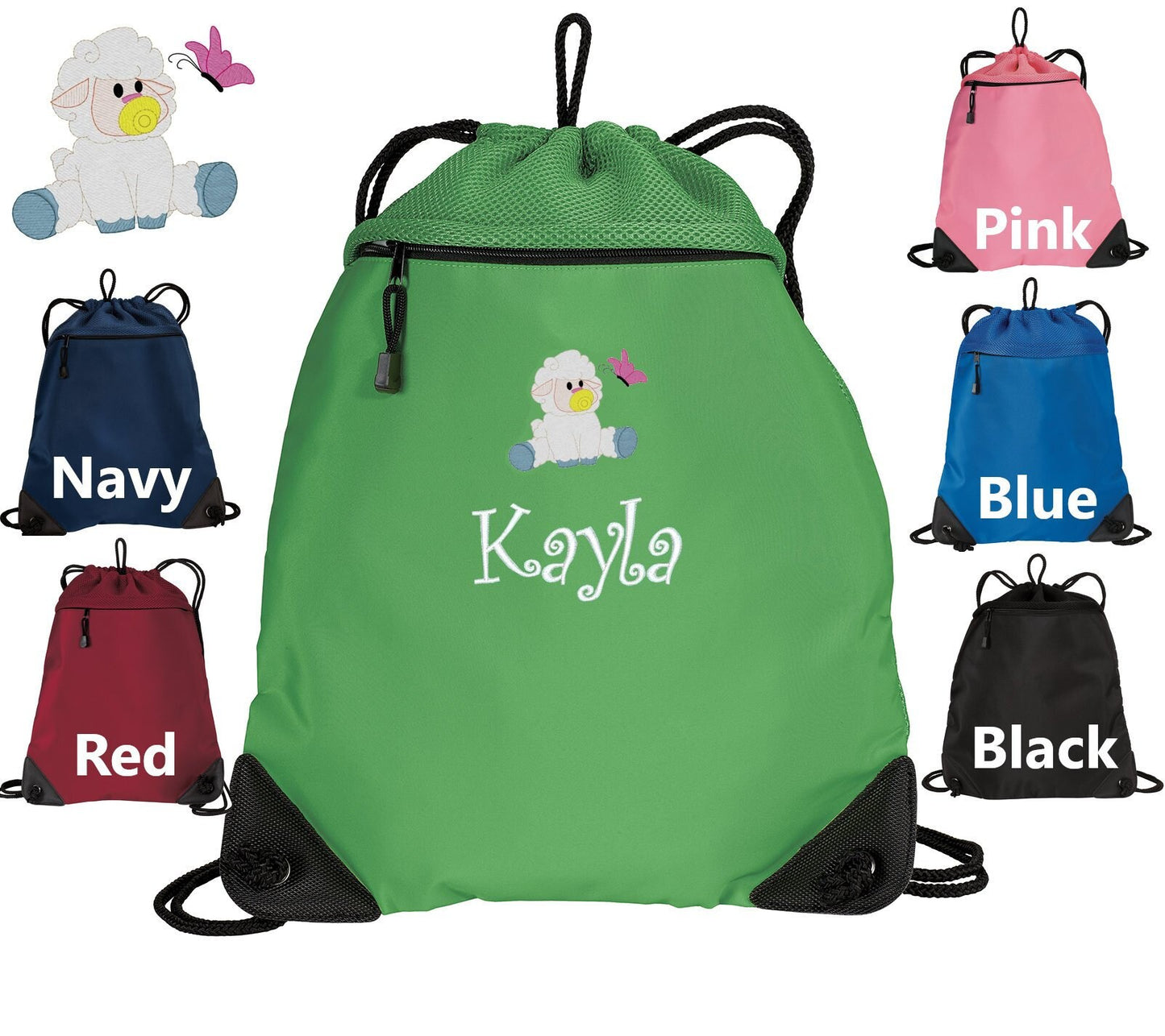Personalized Kids Cinch Pack, Drawstring Gym School PE Pool Backpack, Embroidered Lamb Sheep, Custom Name, Kids Gift