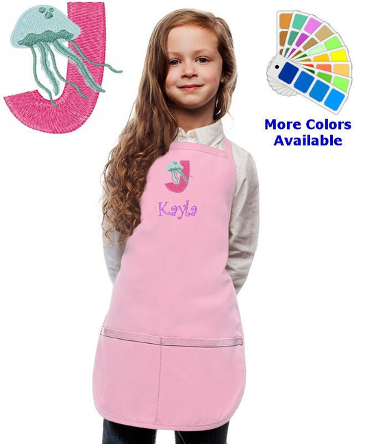 Personalized Kids Apron with Animal Alphabet Letter J Jellyfish Embroidery Design, Monogrammed Art Smock, Childrens Apron, Cooking Gift