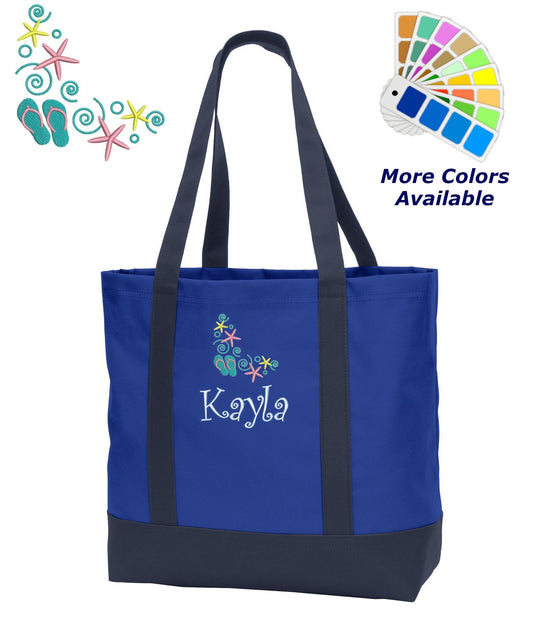 Personalized Beach Tote Bag Embroidered with Beach Shoes Design with Name of Your Choice Perfect Gift