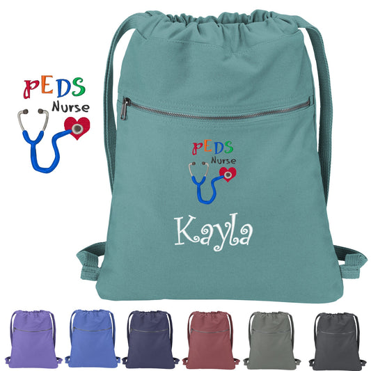 Personalized Peds Nurse Cinch Pack Gift, Embroidered Colorful Pediatrics Design, Drawstring Doctor, Pool Backpack, Monogrammed Custom Name
