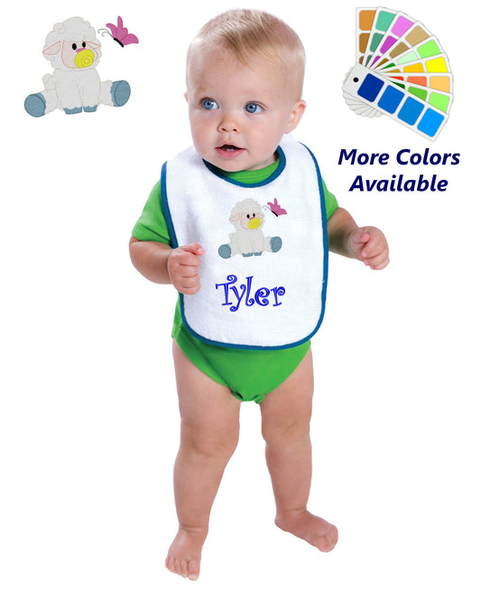 Personalized Baby Bib White Cotton Terry with Contrast Trim Baby Lamb Butterfly Design for Boy or Girl Embroidered Name