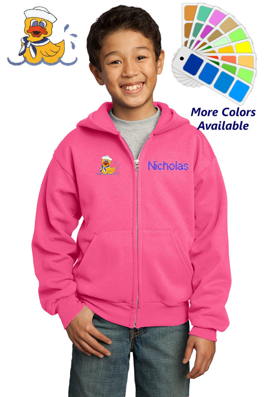 Personalized Kids Hoodie Sweatshirt Zipper Embroidered Rubber Ducky Design with a Name of Your Choice