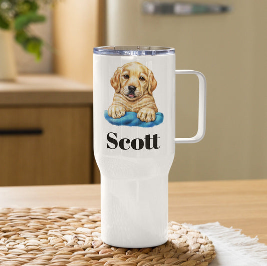 Custom Golden Retriever Puppy Dog Travel Mug Tumbler with Handle, Stainless Steel BPA-free Cup, 25 Ounce Mug, Dad Mom Dog Lover Gift