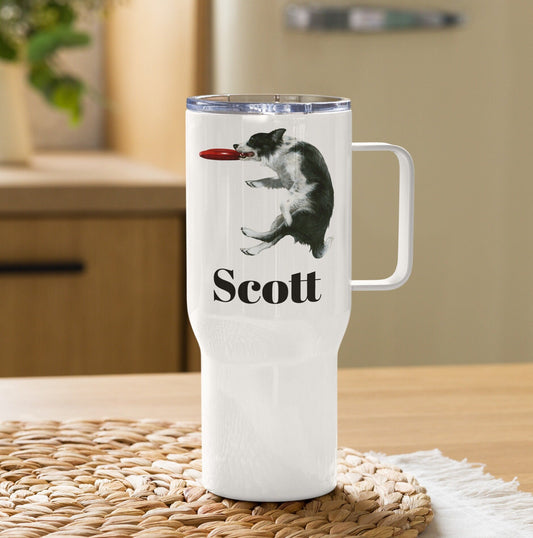 Custom Border Collie Dog Travel Mug Tumbler with Handle, Stainless Steel BPA-free plastic Cup, 25 Ounce Mug, Dad Dog Lover Gift