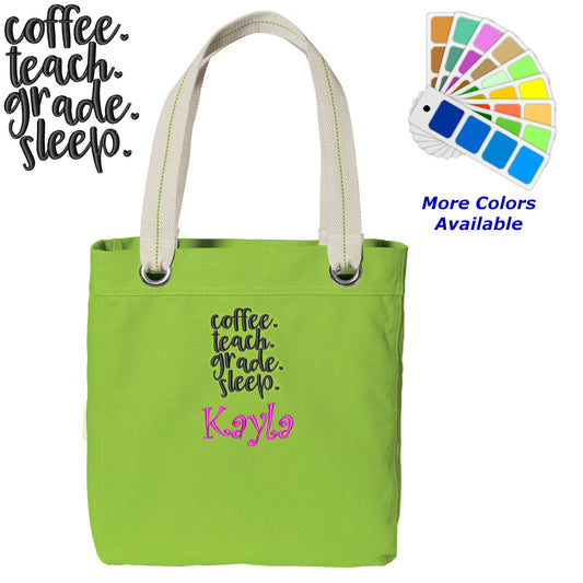 Personalized Canvas Tote Bag Coffee Teach Grade Sleep Design Contrast Lined with Metal Grommets Embroidered with Name or Text of Your Choice
