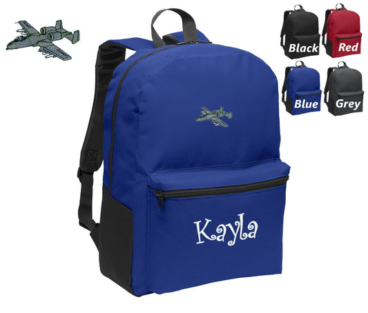 Personalized Kids Backpack Embroidered A10 Warthog Airplane Monogrammed with Name of Your Choice Perfect Kids School Gift