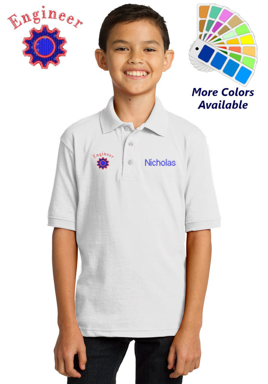Personalized Kids Polo Shirt Embroidered Engineer Gear Monogrammed with a Name or Text of Your Choice