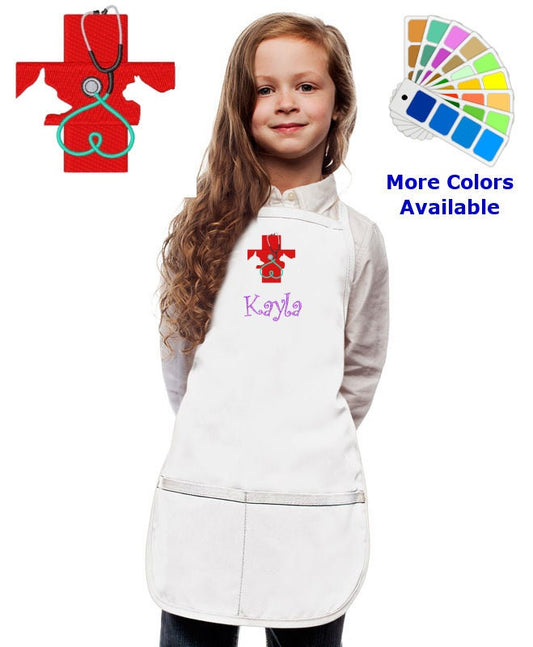 Personalized Kids Veterinarian Apron with Dog and Cat Red Embroidery Design