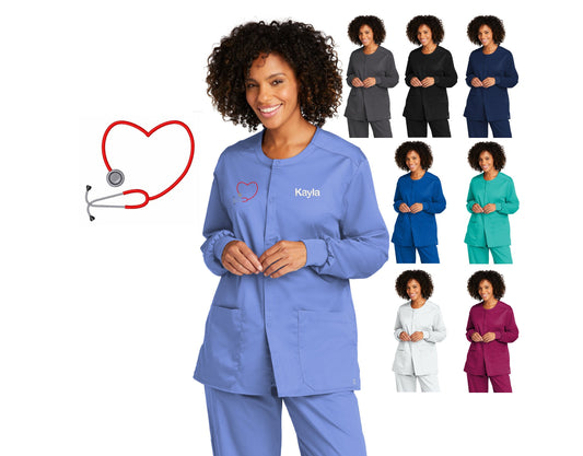 Personalized Unisex Scrubs Jacket with Heart Design, Custom Embroidered Name, Doctor, Nurse, Veterinarian, Hospital, Shirt, Medical Apparel