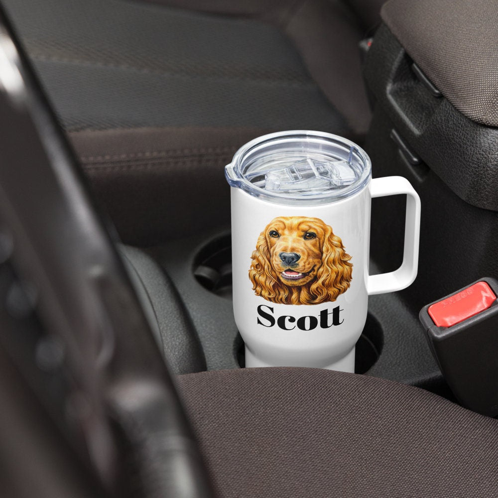 Custom Cocker Spaniel Dog Travel Mug Tumbler with Handle, Stainless Steel BPA-free plastic Cup, 25 Ounce Mug, Dad Mom Dog Lover Gift